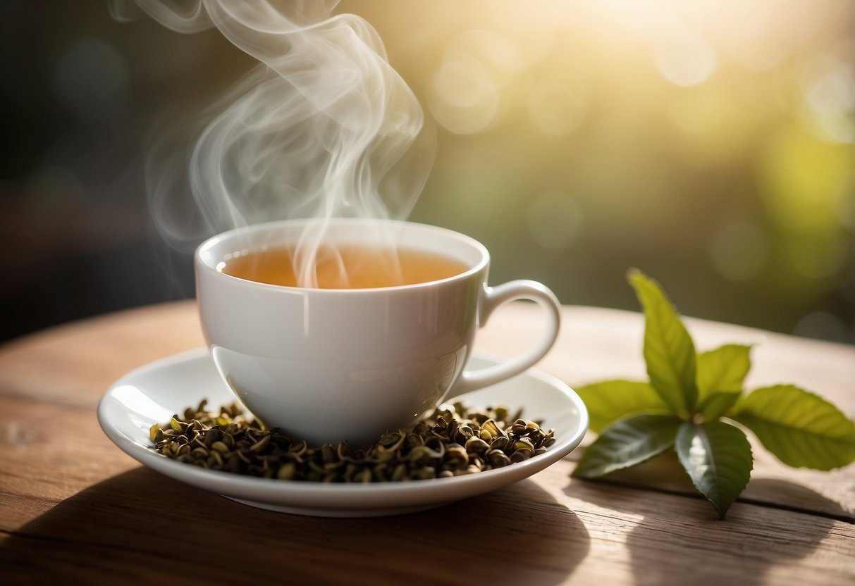 A steaming cup of oolong tea sits on a wooden table, surrounded by delicate tea leaves and a soft, warm glow from the afternoon sunlight