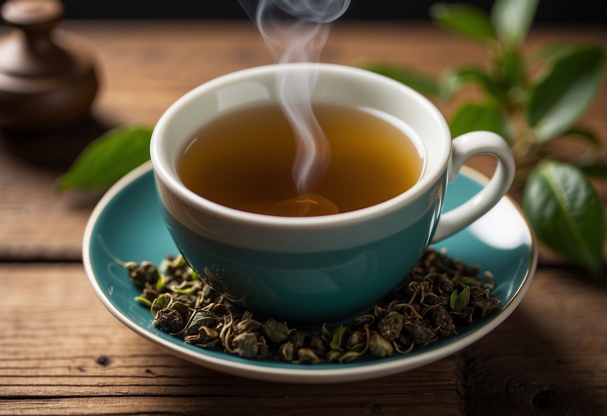 A steaming cup of oolong tea sits on a wooden table, surrounded by delicate tea leaves and a small tea infuser