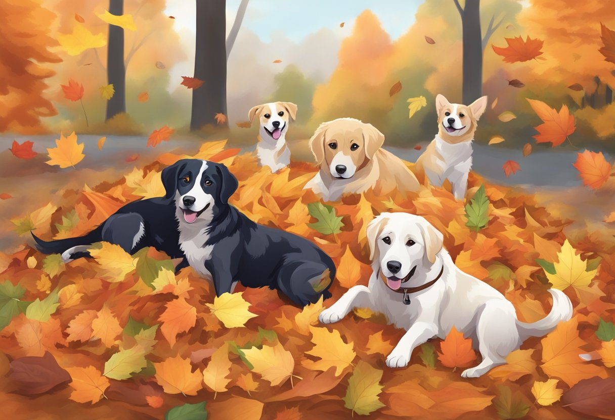 Dogs playing in a pile of colorful autumn leaves, with names like Maple, Pumpkin, and Hazel written in the background
