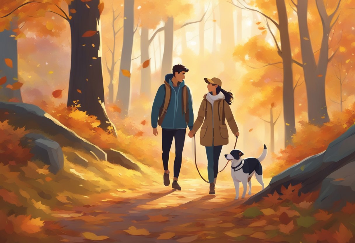 A male and female dog walking through a colorful autumn forest, surrounded by falling leaves and a warm golden sunlight filtering through the trees