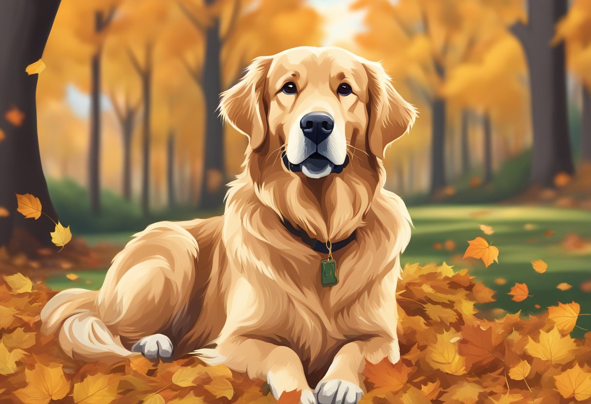 A golden retriever sits among fallen leaves, with a sign reading "Autumn Dog Names" in the background