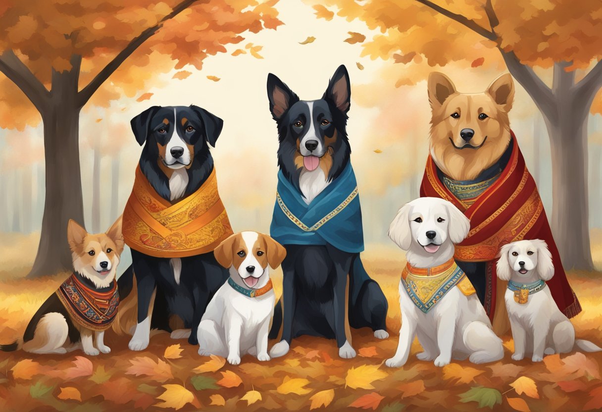 Dogs in various cultural attire gather under autumn trees with names like "Maple" and "Harvest" written on their collars
