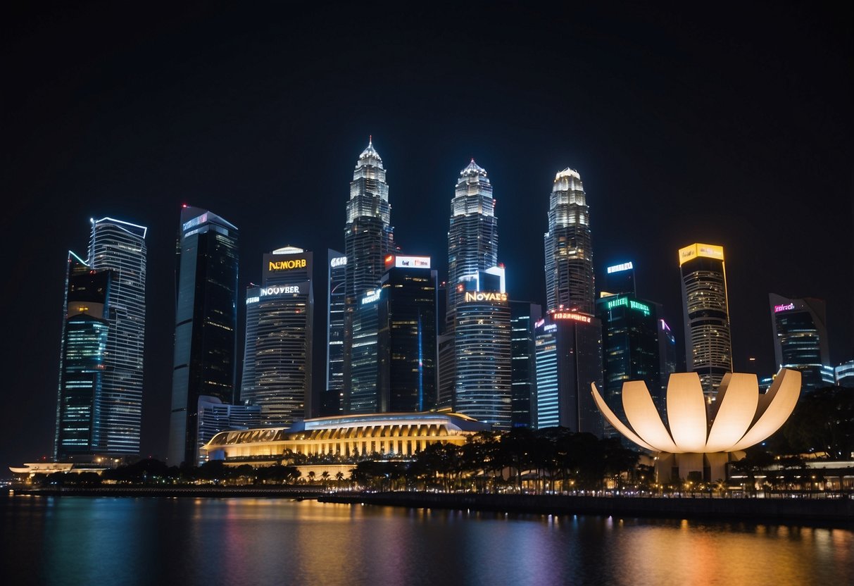 The Singapore skyline at night with the date "November 5" displayed in bright lights, symbolizing the release of "Eternals"