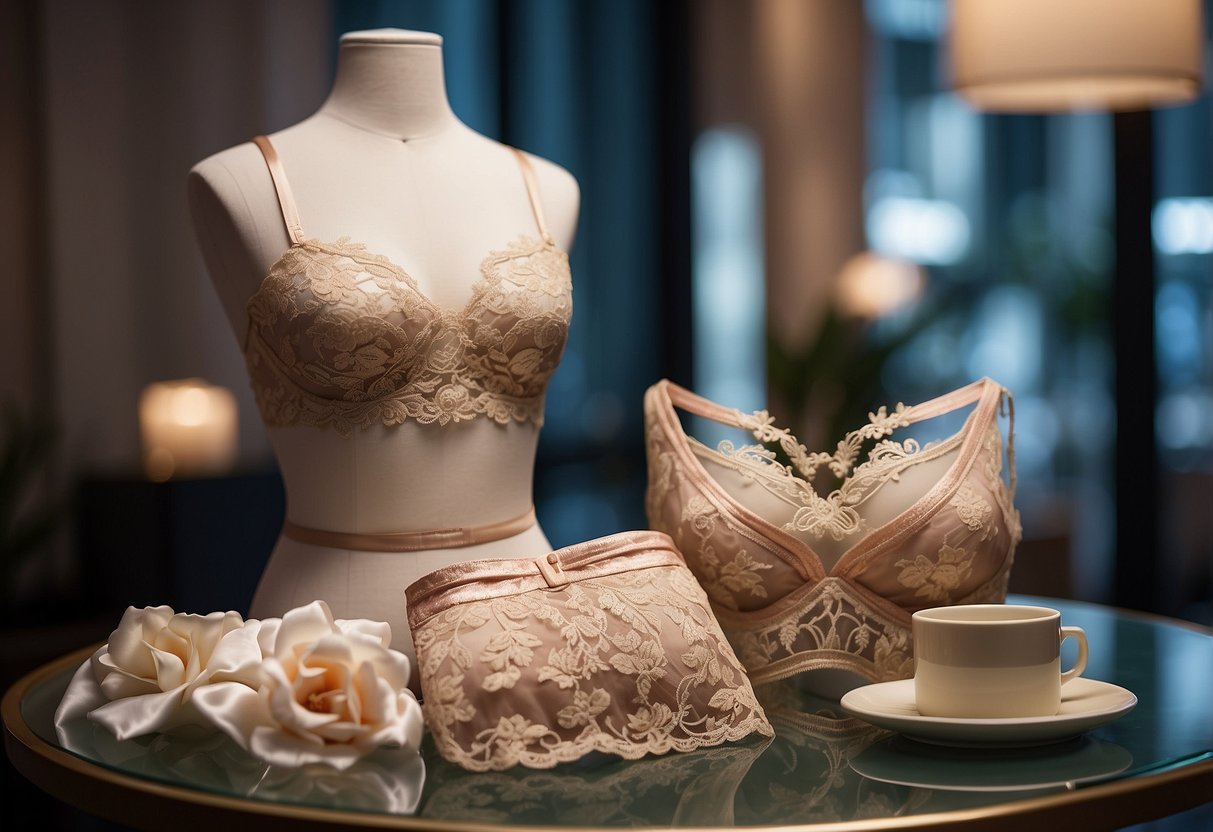 A delicate lace lingerie set displayed on a sleek, modern table in a softly lit boutique in Singapore