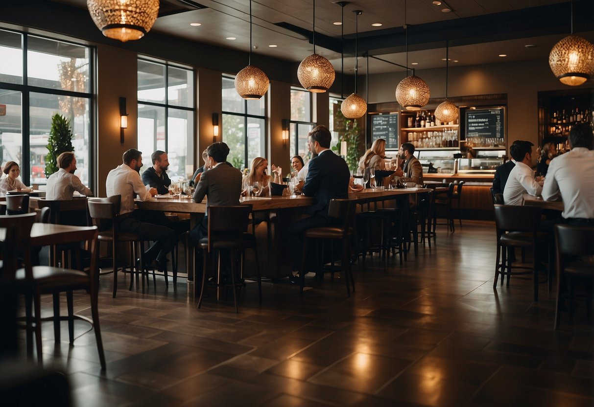 A bustling restaurant with elegant decor and patrons enjoying their meals at tables, while waitstaff attend to their needs