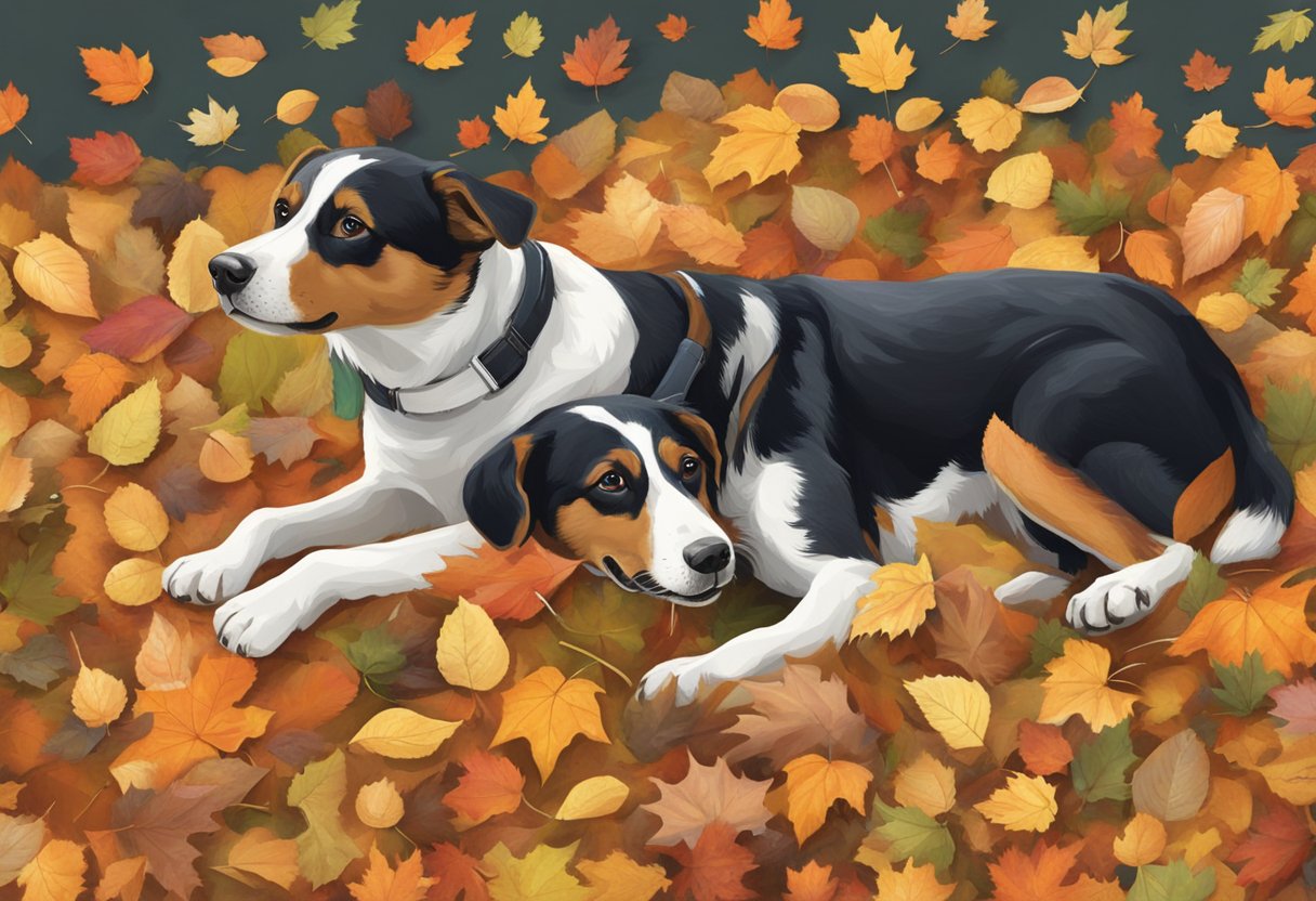 Dogs playing in a pile of colorful autumn leaves, with names like "Pumpkin" and "Cider" written on a chalkboard in the background