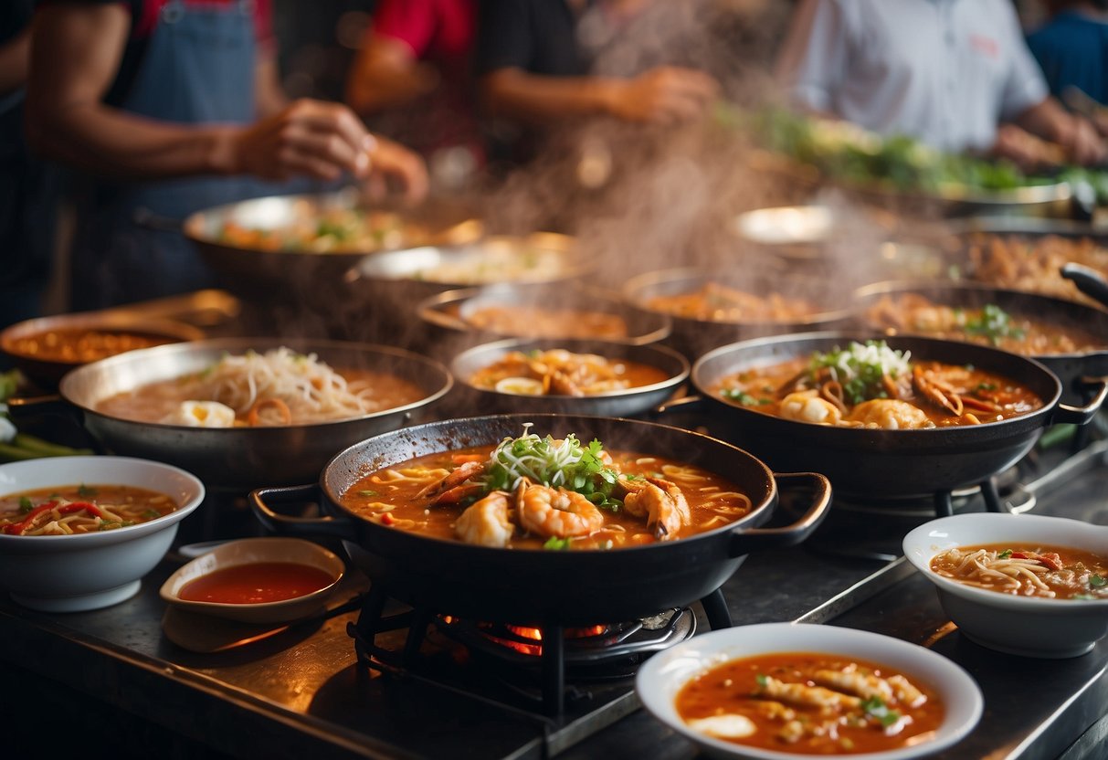 A bustling hawker center in Singapore, with steaming plates of chili crab, fragrant laksa, and sizzling satay skewers. The air is filled with the aroma of spices and sizzling woks