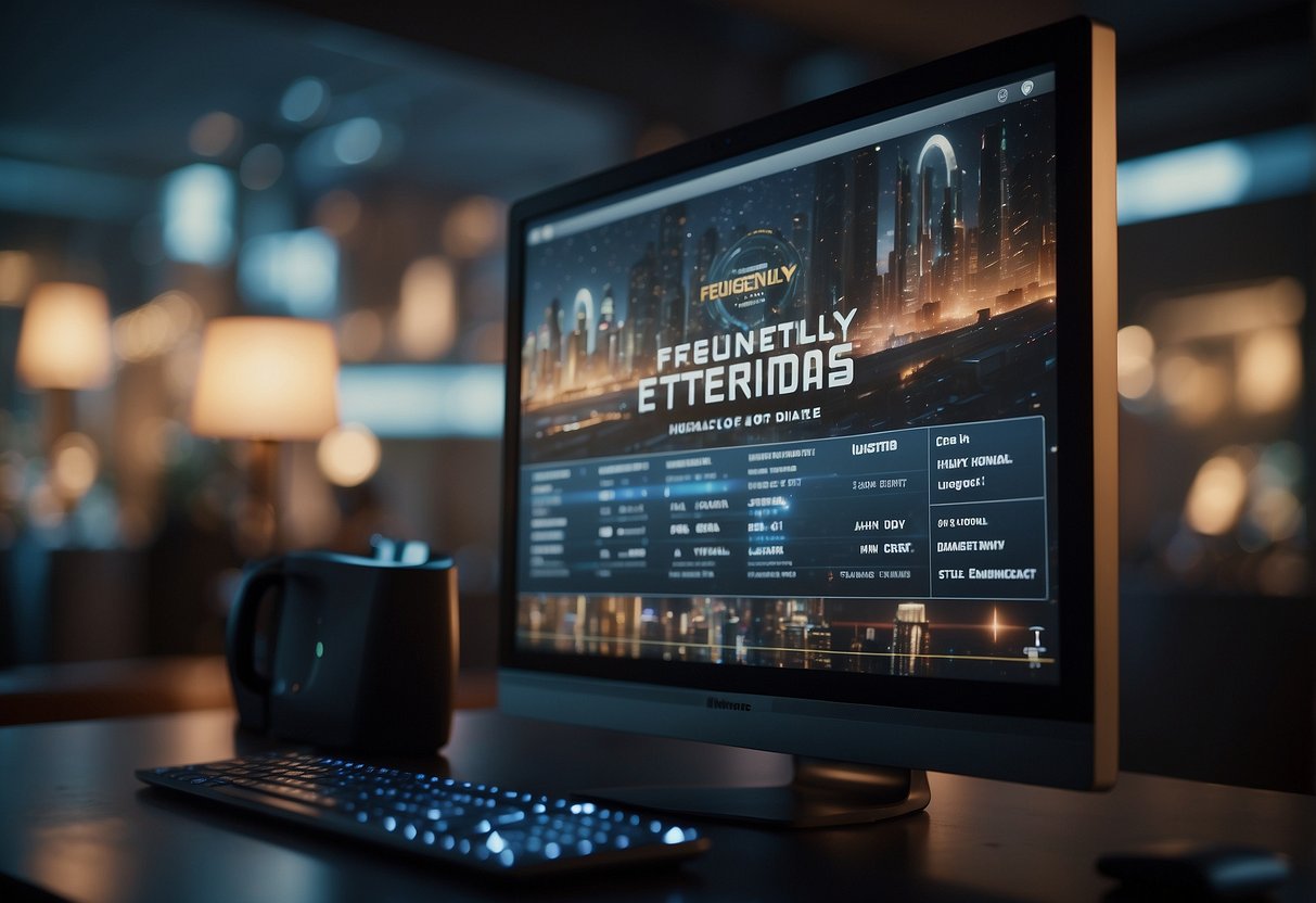 The scene features a computer screen displaying the words "Frequently Asked Questions Eternals Release Date Singapore."