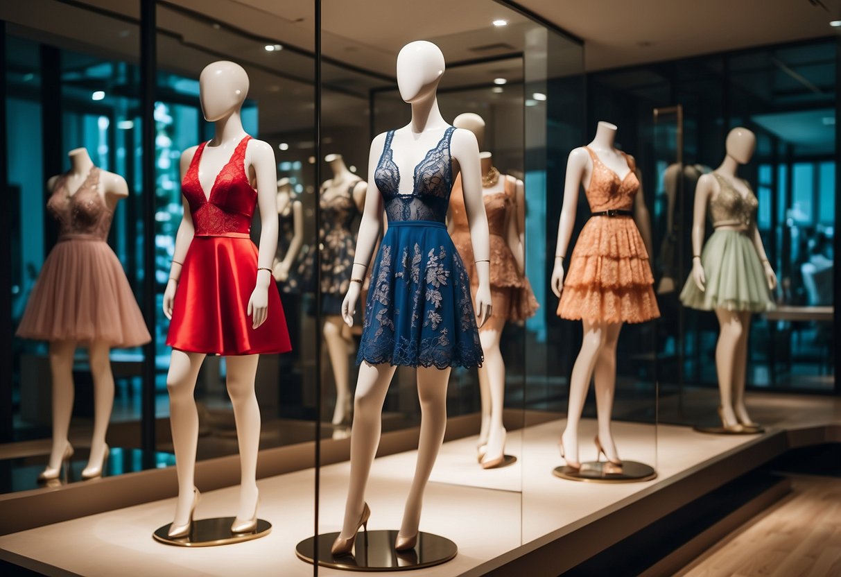 A display of modern and traditional lingerie styles in a boutique setting, with vibrant colors and luxurious fabrics, showcasing the latest trends in Singapore