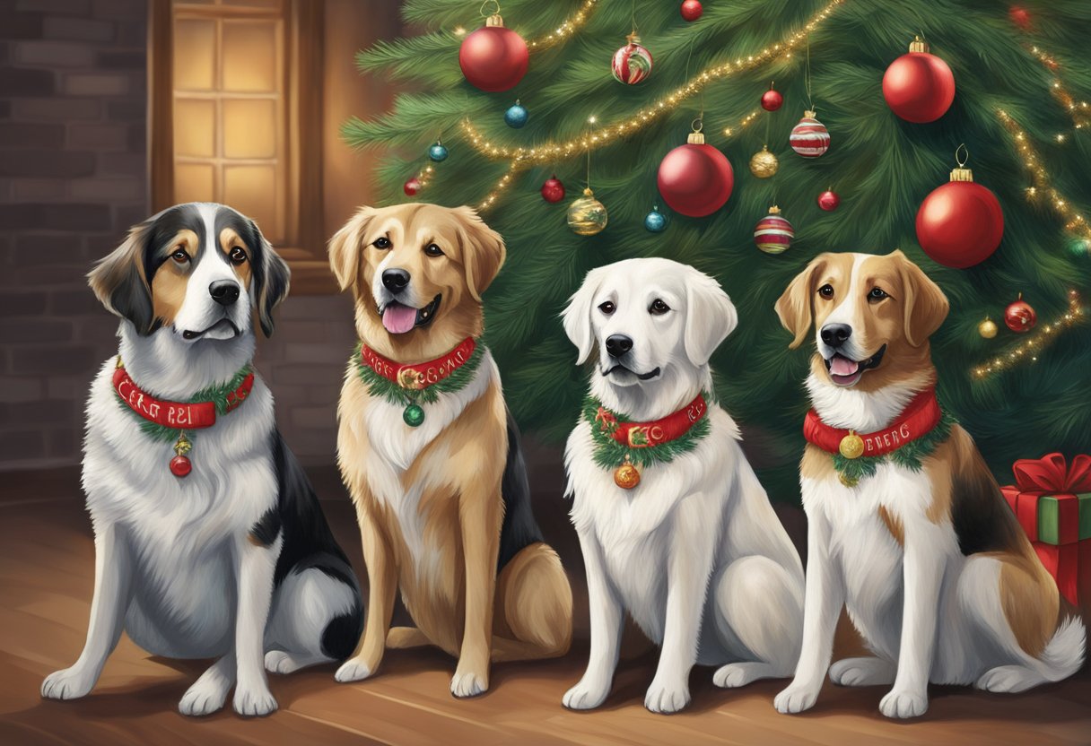 A group of festive dogs gather around a Christmas tree, each wearing a holiday-themed collar with their name embroidered on it