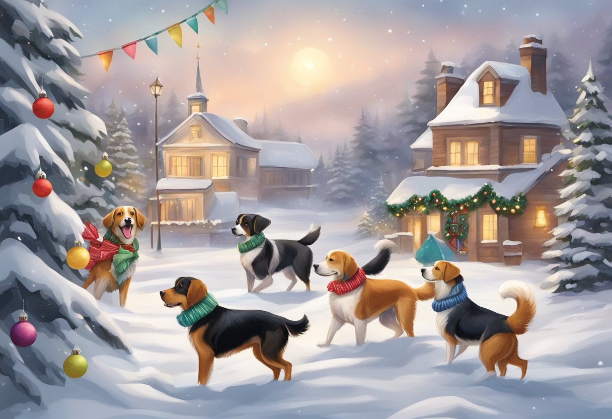 Dogs frolicking in a snowy landscape adorned with festive decorations and wearing Christmas-themed accessories