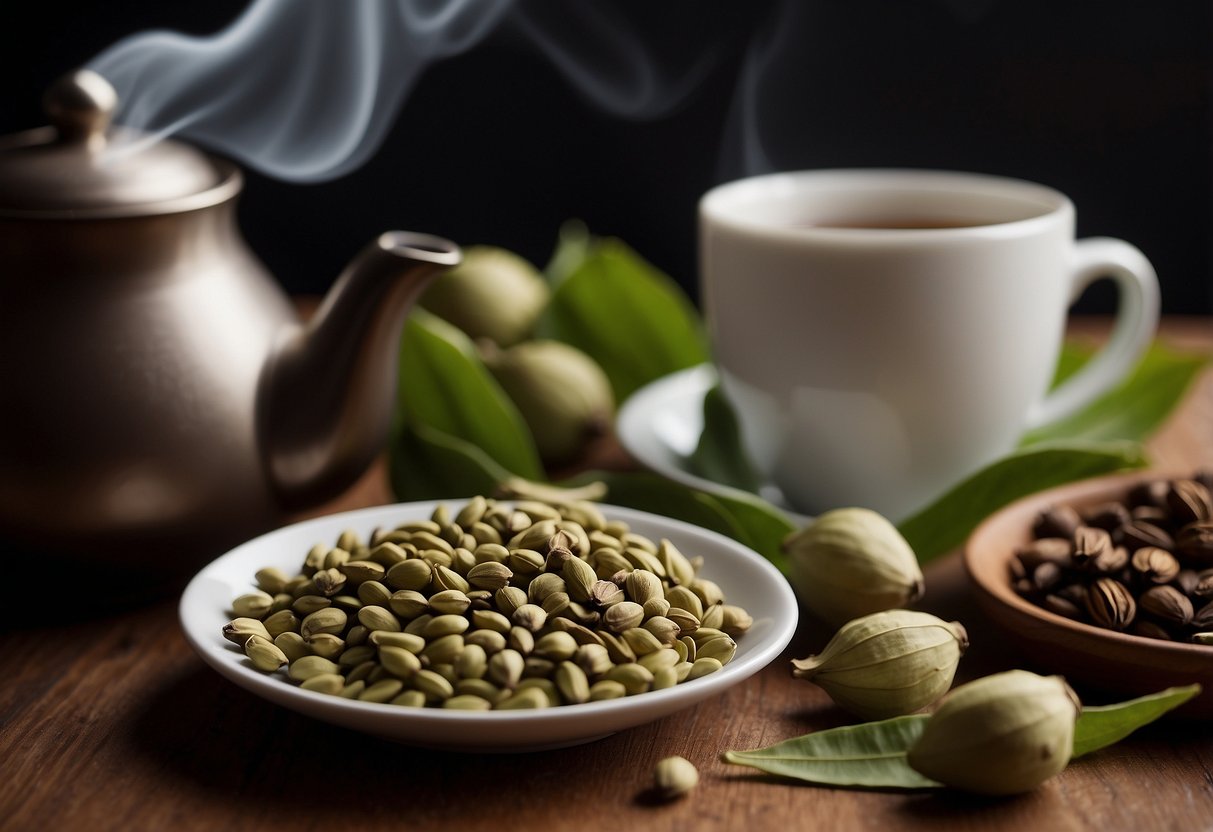 A steaming cup of cardamom tea surrounded by whole cardamom pods and a teapot with boiling water