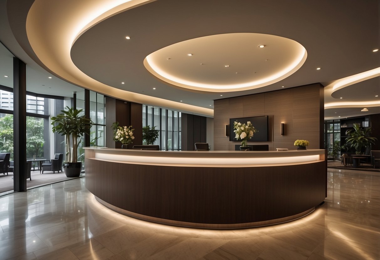 The lobby of Fraser Residence Orchard Singapore, with a sleek reception desk, modern furniture, and a large, welcoming entrance