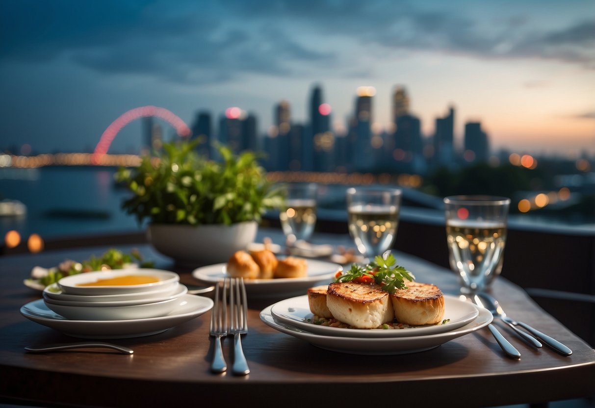 A table set with elegant dishes, surrounded by a bustling cityscape of Singapore, with the iconic skyline in the background