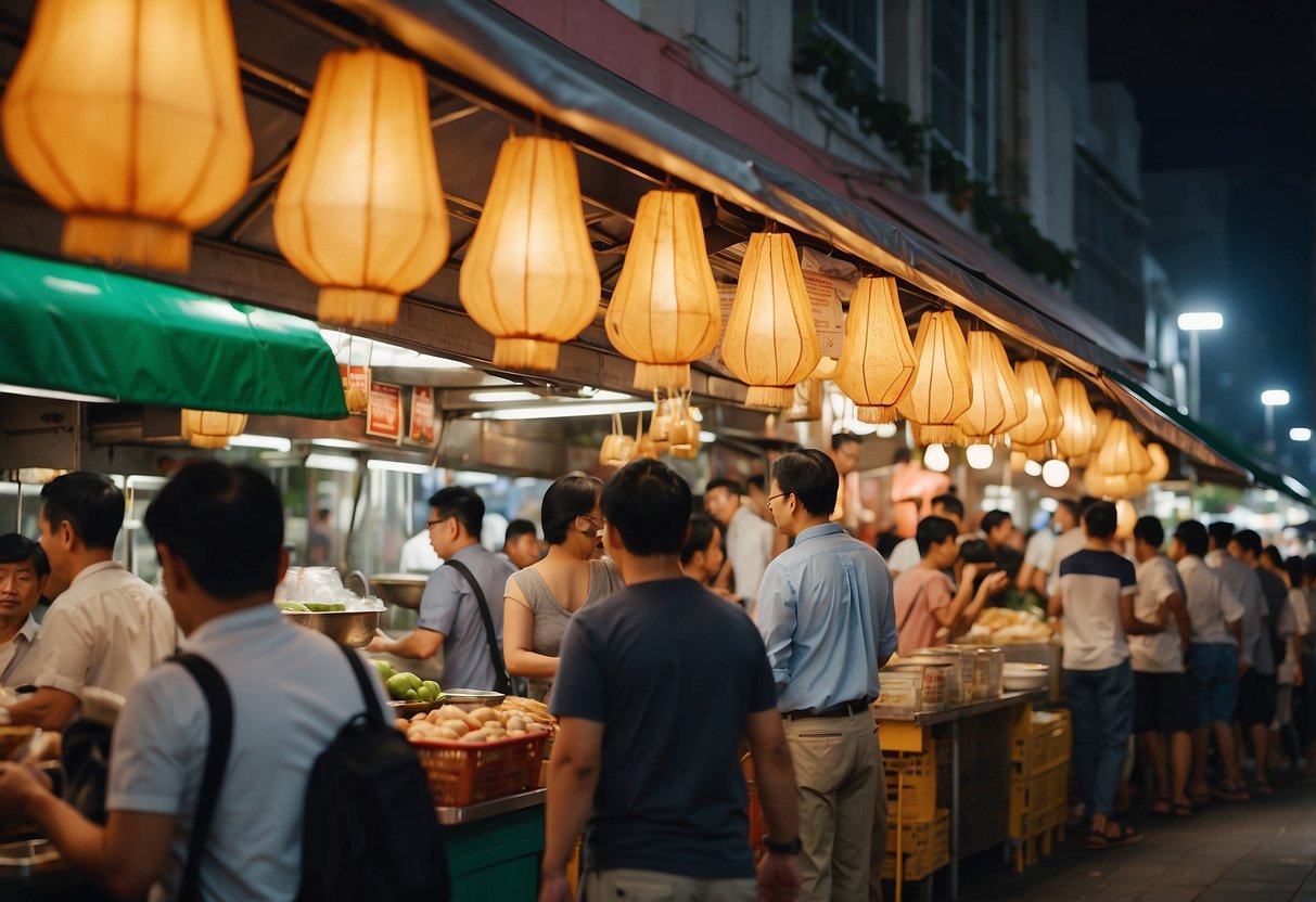 A bustling street food market in Singapore, with colorful stalls and delicious aromas wafting through the air. Crowds of people eagerly sampling various dishes
