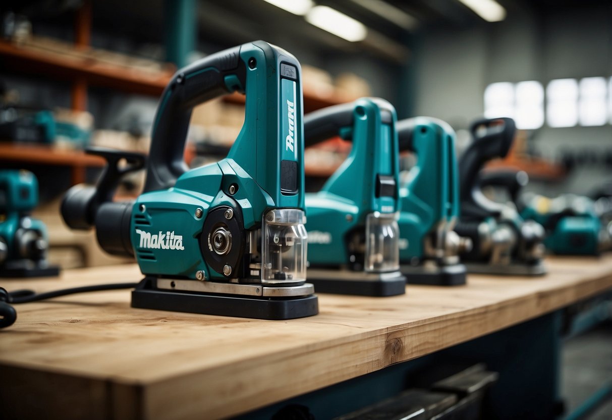 A bustling industrial workshop with Makita power tools and equipment neatly displayed on shelves and workbenches