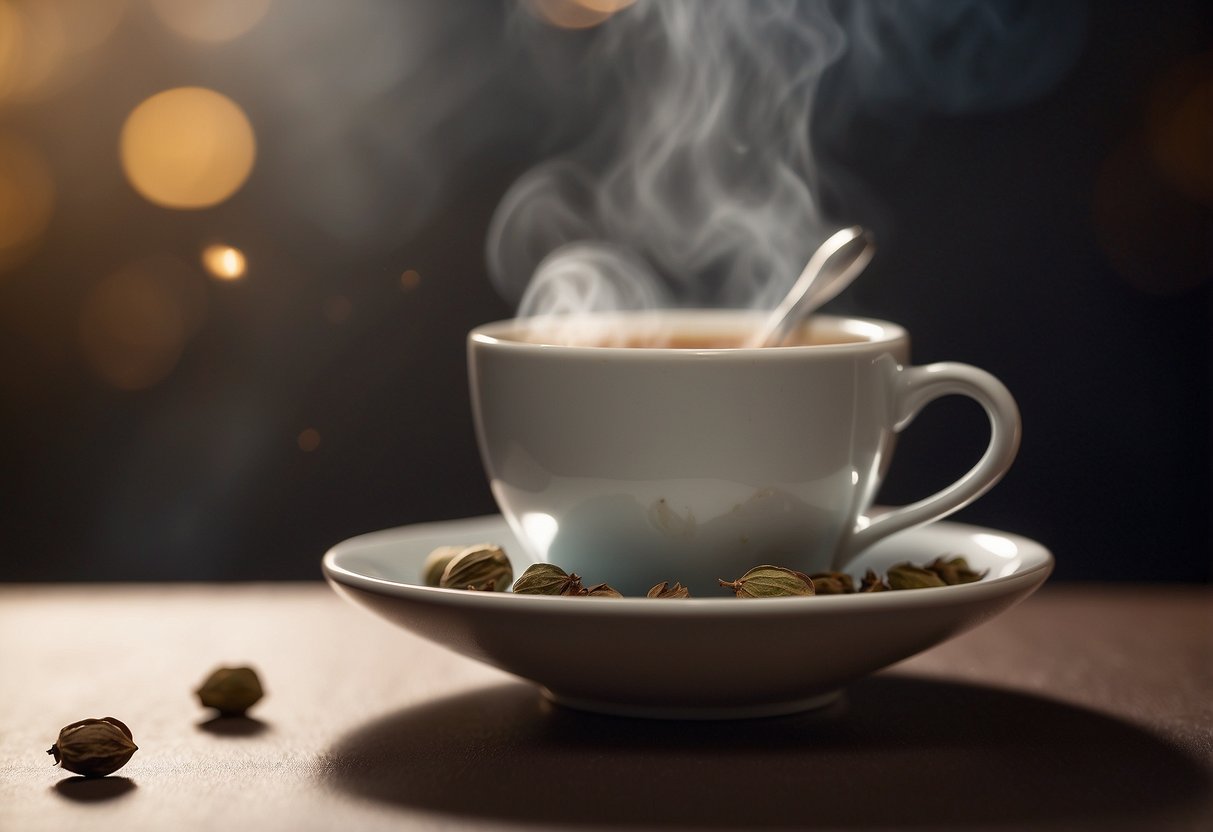 Steam rises from a cup of cardamom tea. A spoon rests beside it, and a faint aroma wafts through the air