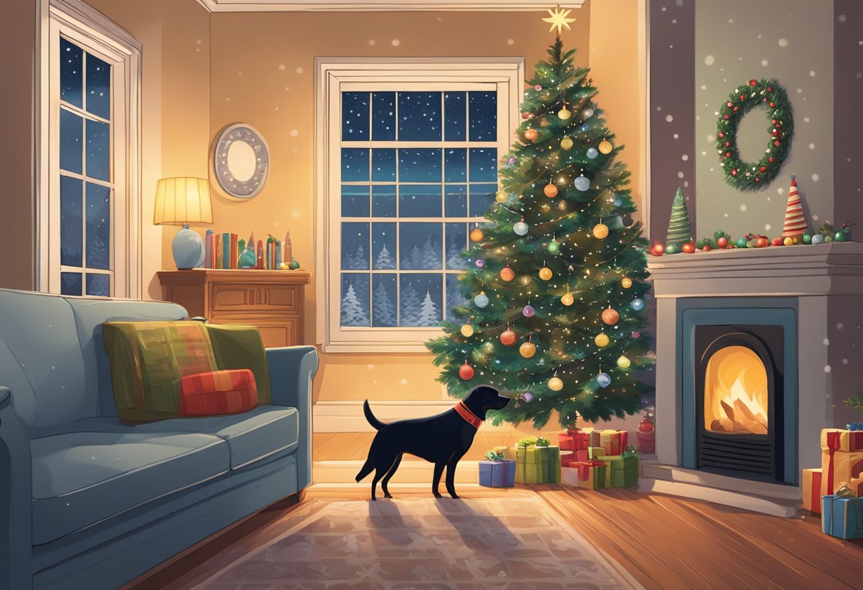 A cozy living room with twinkling lights, a crackling fireplace, and a Christmas tree adorned with ornaments. Snowflakes fall outside the window, creating a winter wonderland. A dog wearing a festive collar sits by the fire