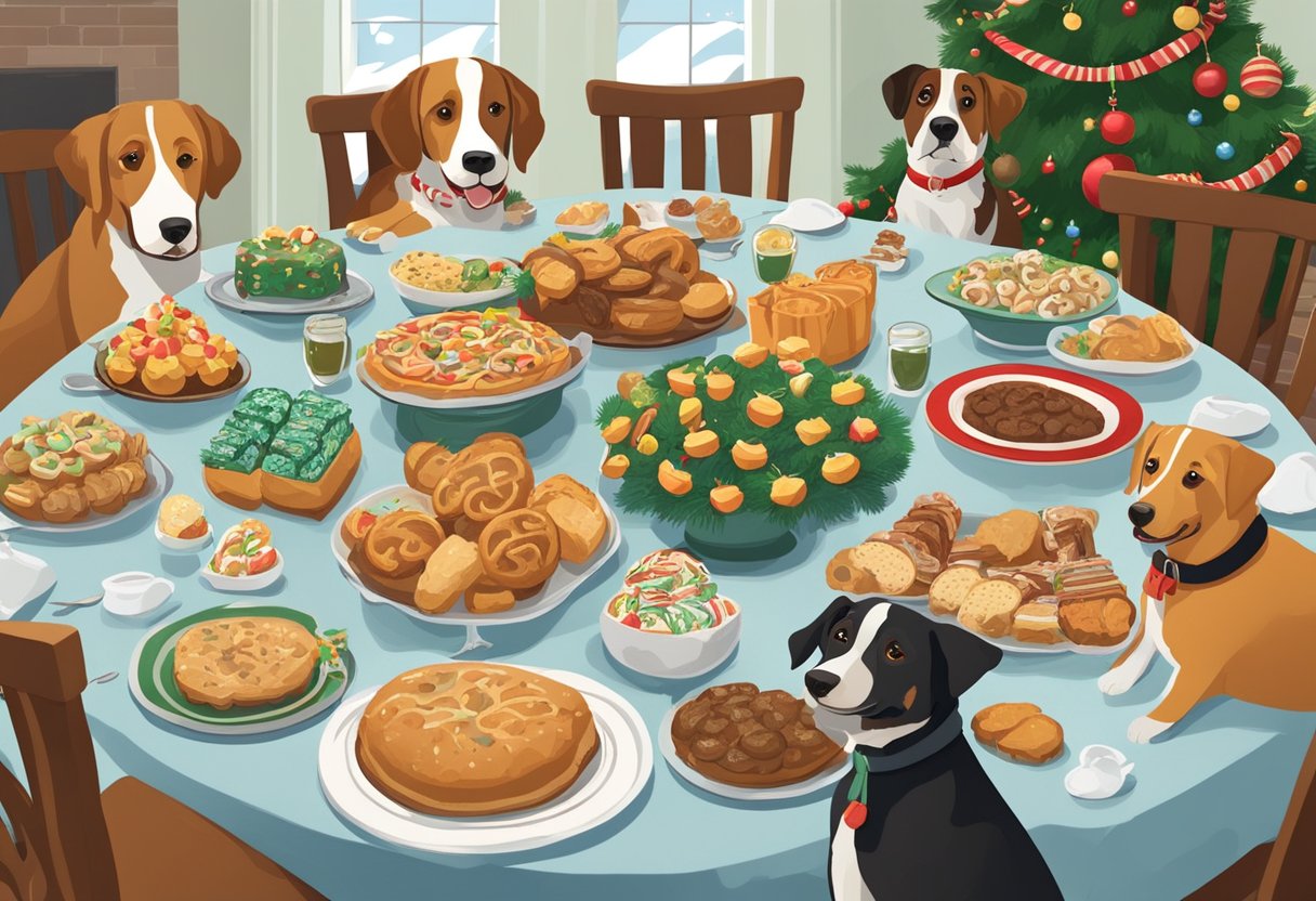 A festive table with Christmas treats and feasts, surrounded by playful dogs with names like Holly, Jingle, and Frosty