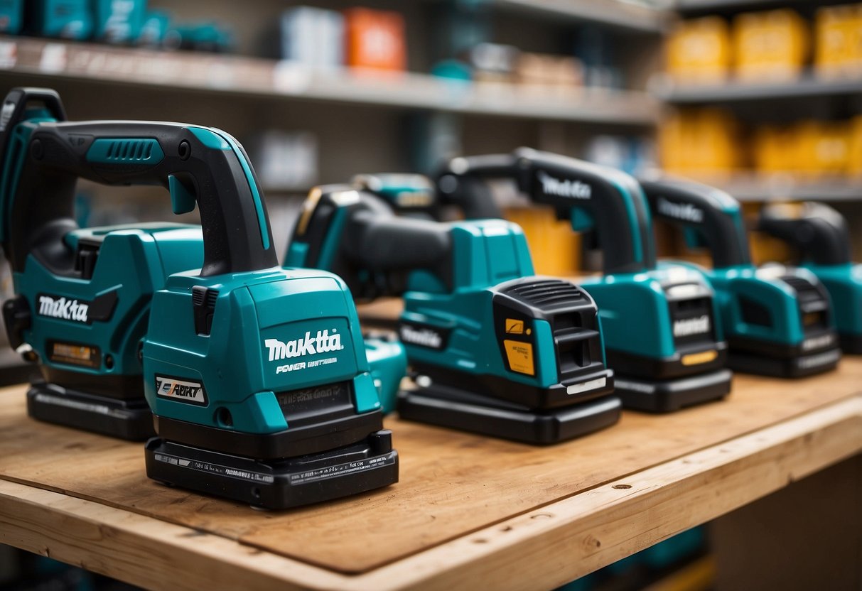 A Makita power tool display surrounded by various construction materials and equipment at a hardware store in Singapore