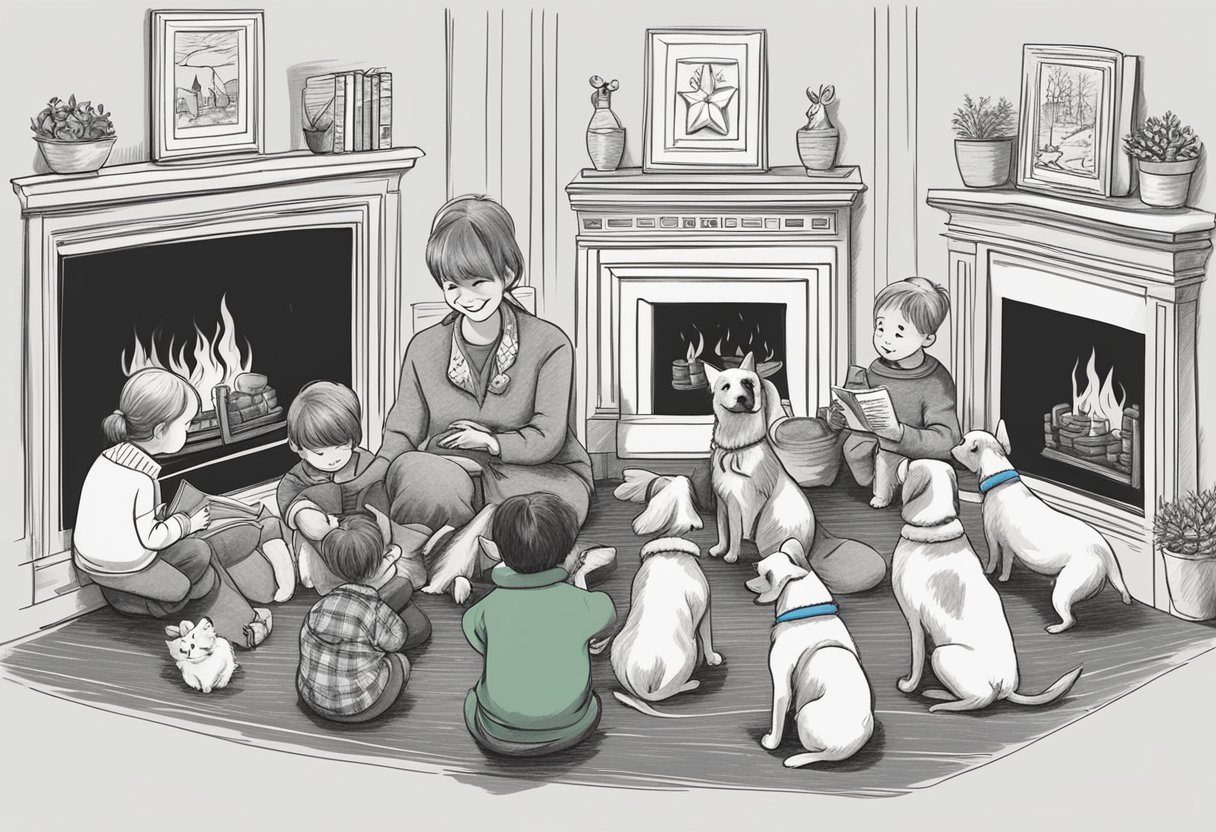 People and dogs gathered around a fireplace, singing carols and sharing stories. Dog names like "Rudolph" and "Snowflake" are written on a chalkboard