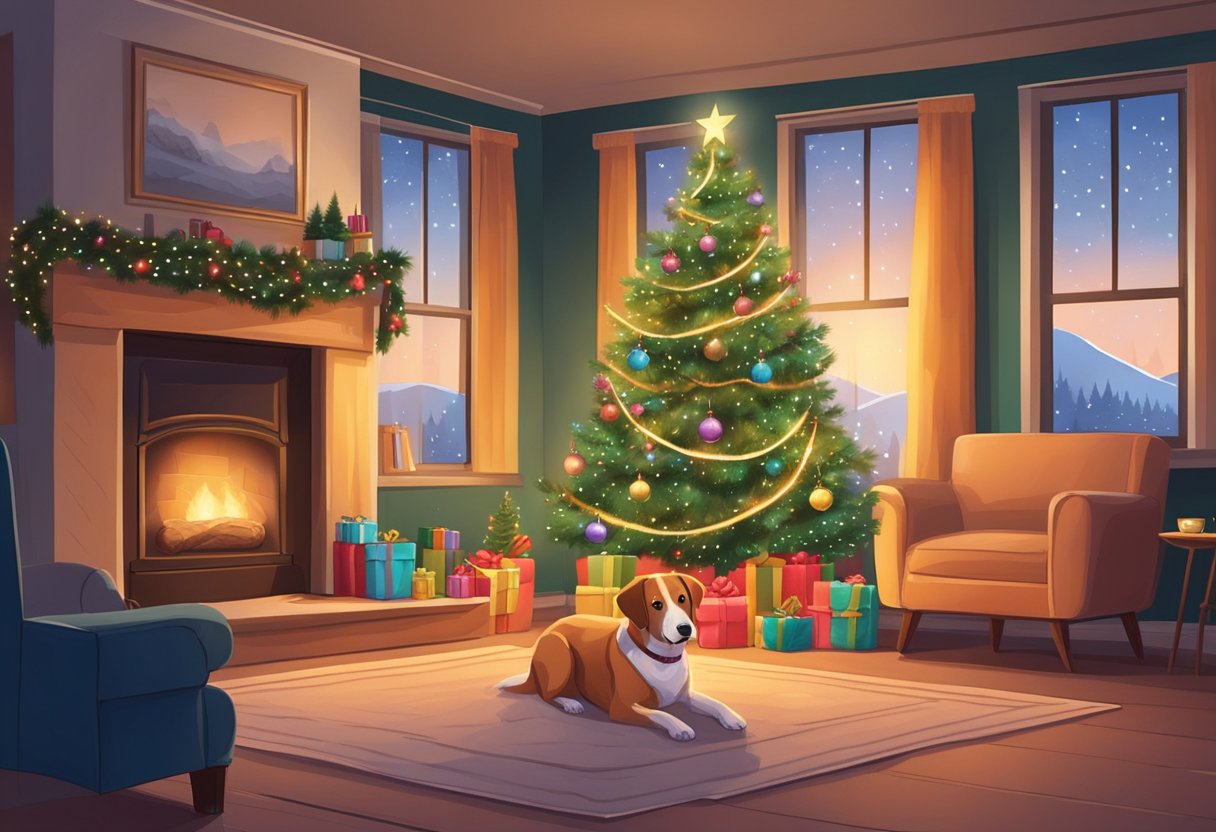 A cozy living room with a Christmas tree, adorned with colorful ornaments and twinkling lights. A dog wearing a festive collar sits by a crackling fireplace