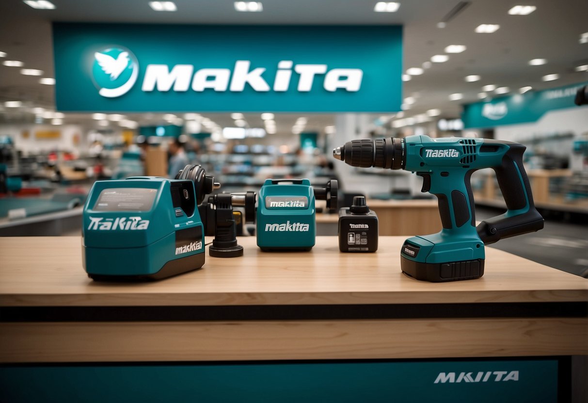 A table with Makita power tools, a customer service representative, and a sign saying "Frequently Asked Questions" in a Makita store in Singapore