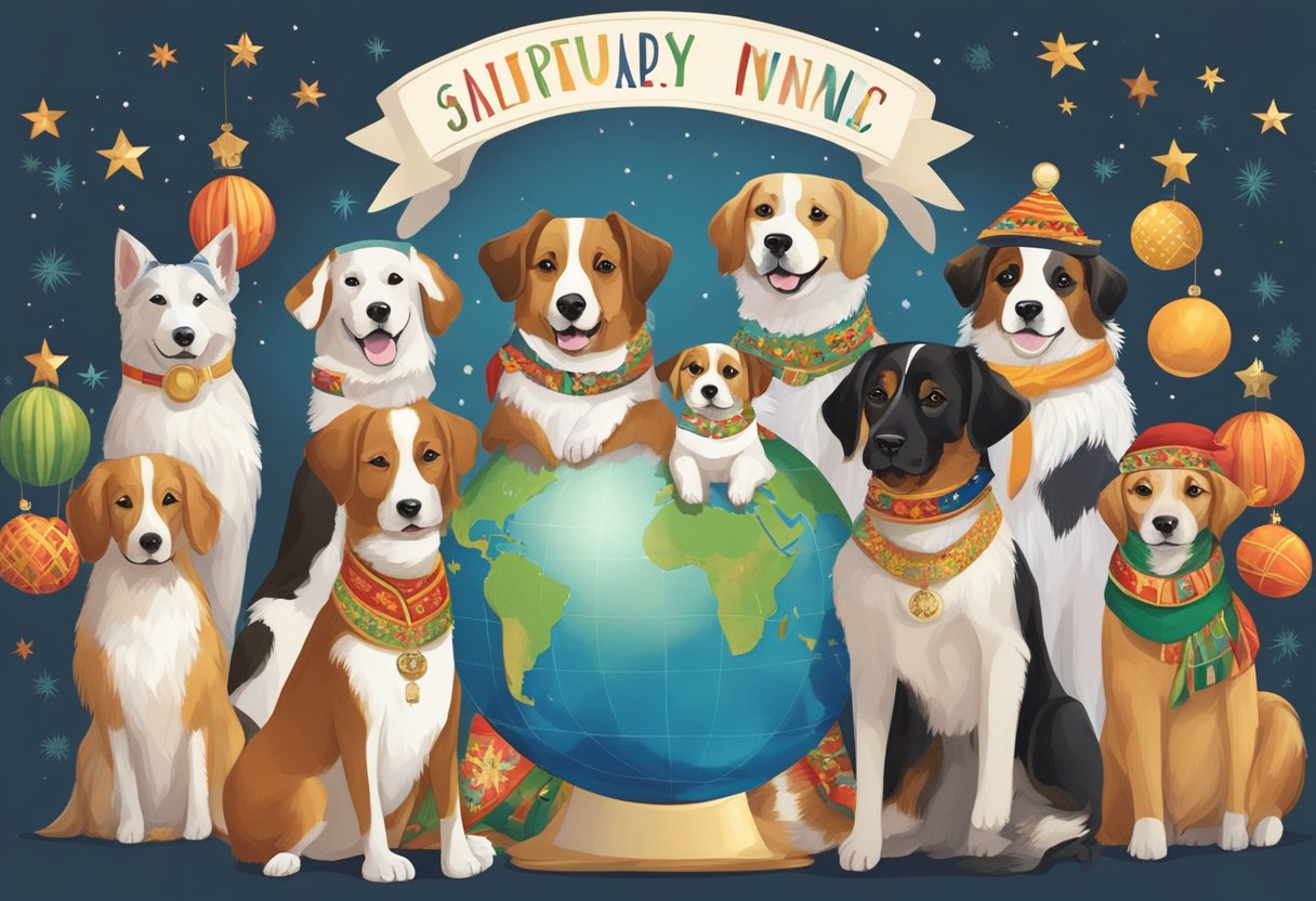 A group of dogs with festive names gather around a world globe, each wearing a different cultural outfit. Decorations from various countries adorn the scene