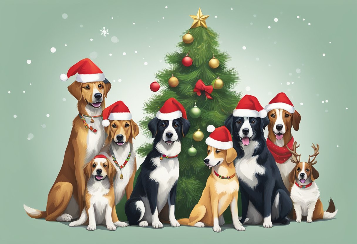 A group of festive dogs gather around a Christmas tree, wearing holiday-themed accessories like Santa hats and reindeer antlers. They playfully interact with each other, spreading joy and cheer