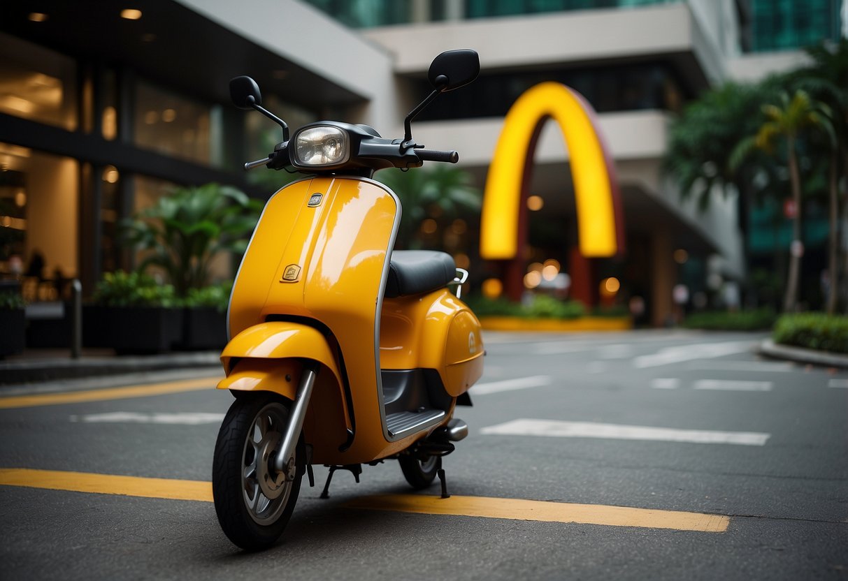 A McDonald's delivery scooter parked outside a high-rise building in Singapore, with the iconic golden arches logo clearly visible