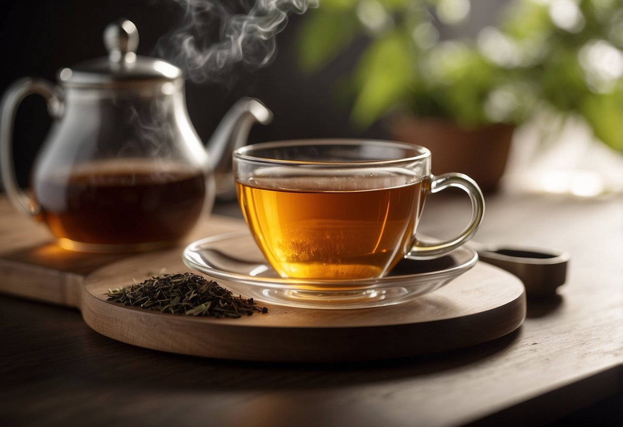 Tea bag steeping in hot water, timer set, with a spoon nearby for taste testing