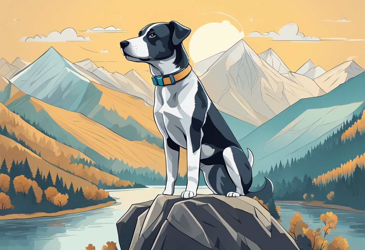 A dog standing on a mountain peak with a map in its mouth, surrounded by geographical features like rivers, mountains, and forests
