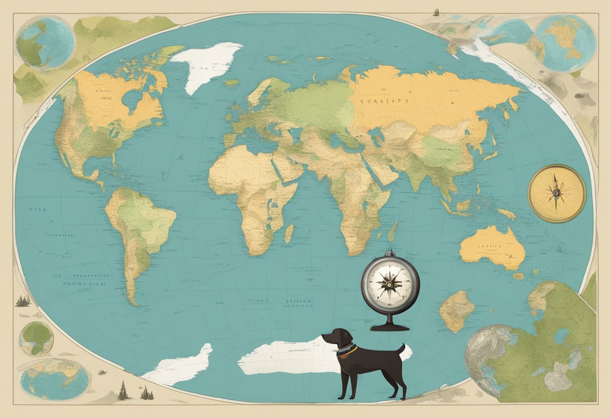A map spread out on a table with a compass, globe, and dog collar. The map shows various geographic features and locations