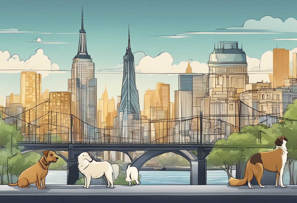 Dogs in various city settings, like New York or Paris, with geographic elements like mountains or rivers in the background