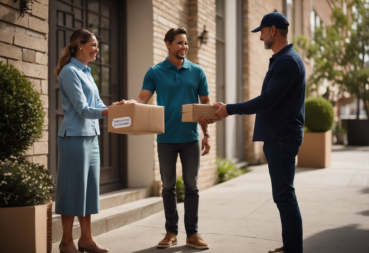 A delivery driver handing over a package with a "Exclusive Deals and Membership Perks" sticker on it to a customer at their doorstep
