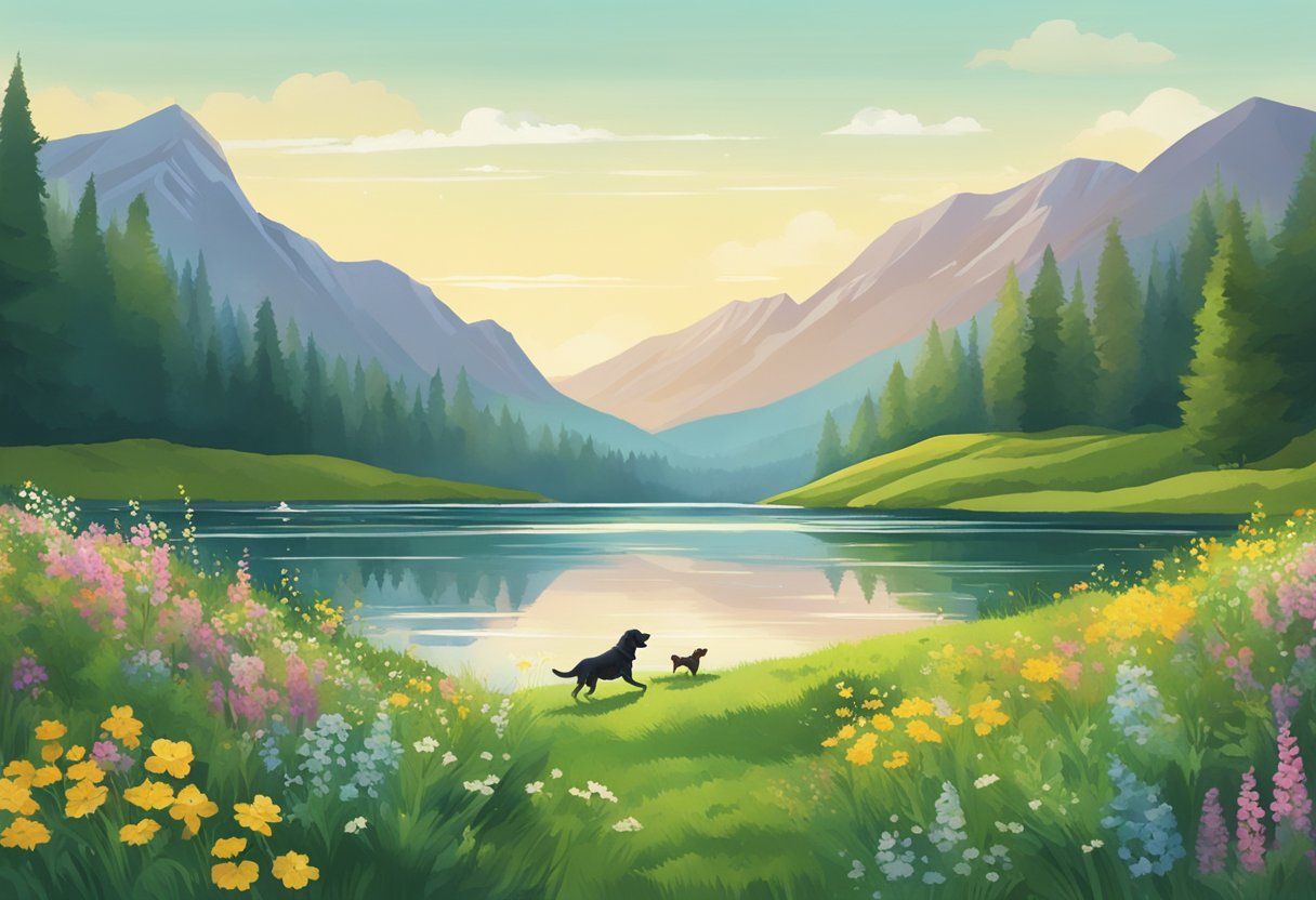 Lush green mountains towering over a serene lake, with a dog running through a meadow of wildflowers