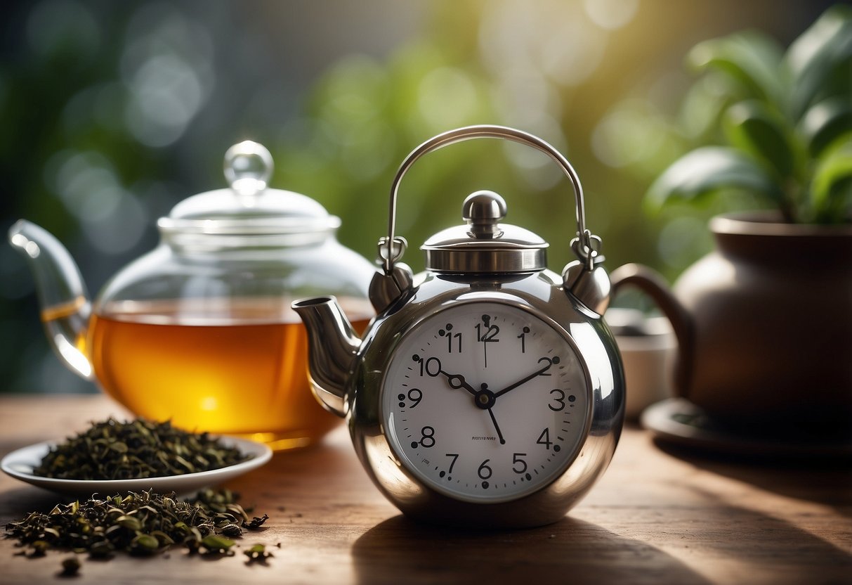 A teapot, loose tea leaves, a timer, and a tea strainer on a table. A digital clock displays the time for steeping tea