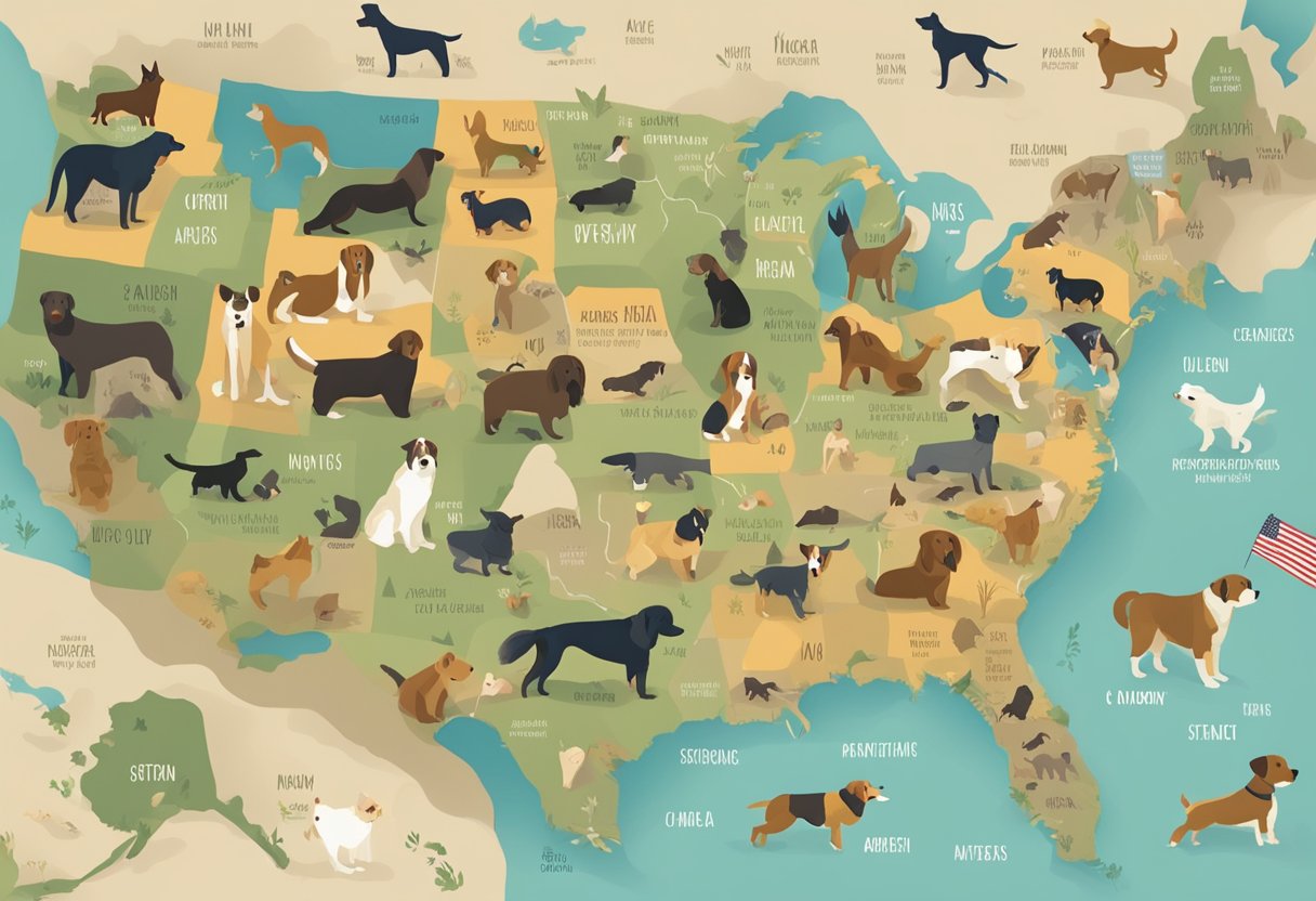 A map of the United States with various dog breeds placed over each state, representing geography-inspired dog names
