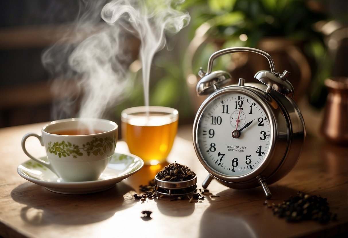 A timer set for 3 minutes next to a steaming teacup and a loose leaf tea infuser