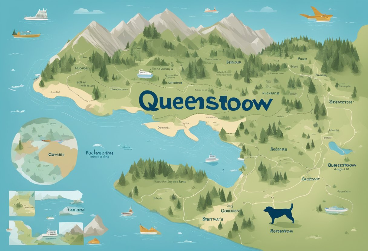 A map with gender-specific names like "Queenstown" and "Kingsville" alongside a list of geography-inspired dog names such as "Sierra" and "Rocky."