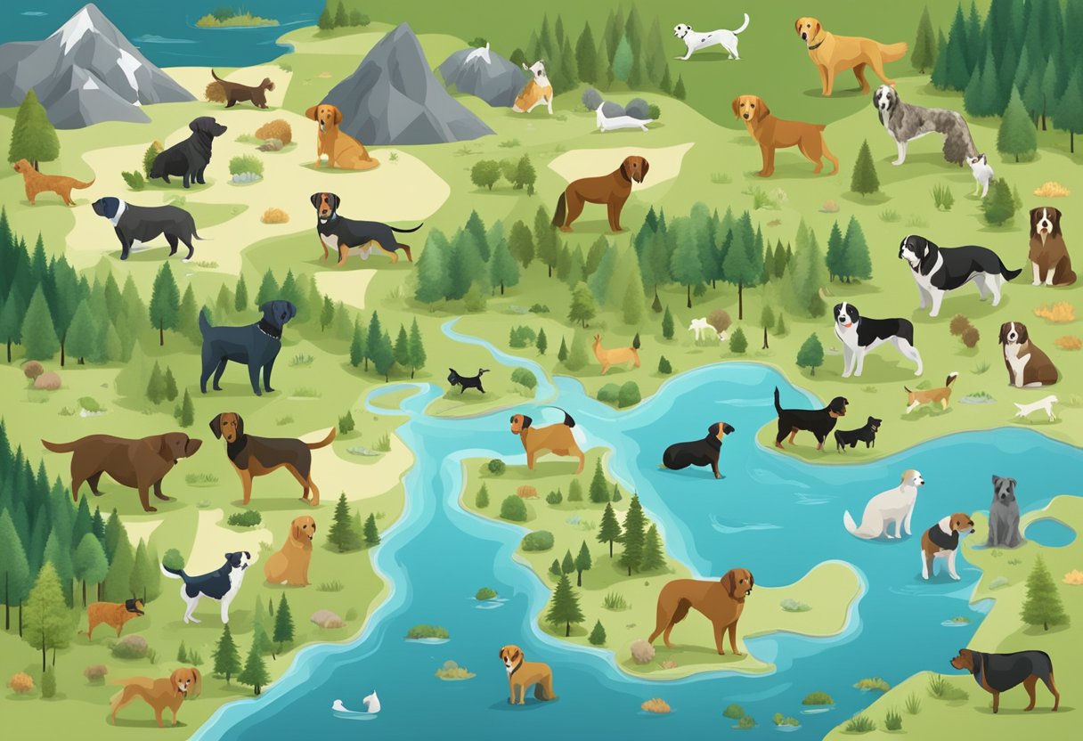 A map with a variety of geographical features, such as mountains, rivers, and forests, surrounded by a diverse collection of dog breeds