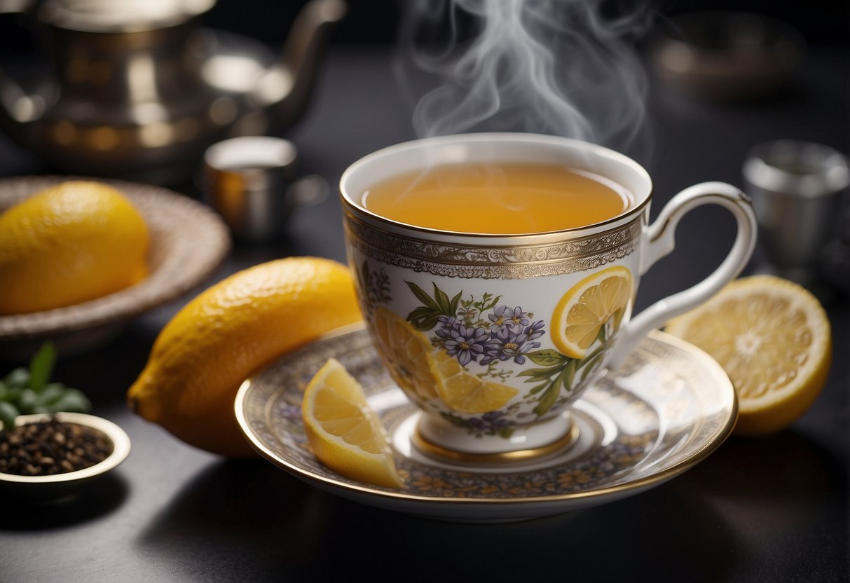 A steaming cup of Lady Grey tea surrounded by bergamot, citrus peel, and delicate floral notes