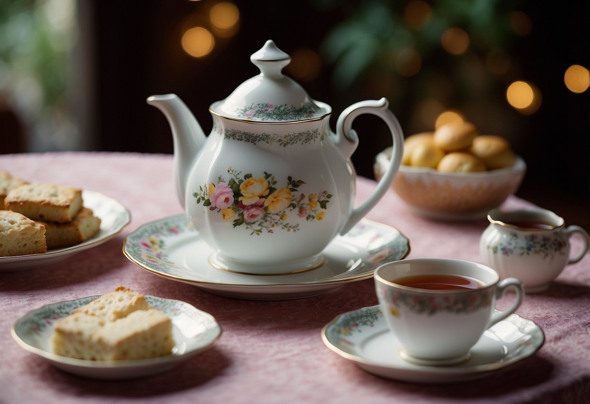 A steaming cup of Lady Grey tea sits on a delicate saucer, surrounded by a spread of scones, clotted cream, and jam. A vintage teapot and floral tablecloth add to the cultural significance of the scene