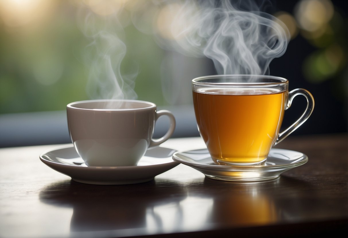 A steaming cup of Earl Grey tea sits next to a delicate teacup filled with Lady Grey tea, showcasing the subtle differences in color and aroma