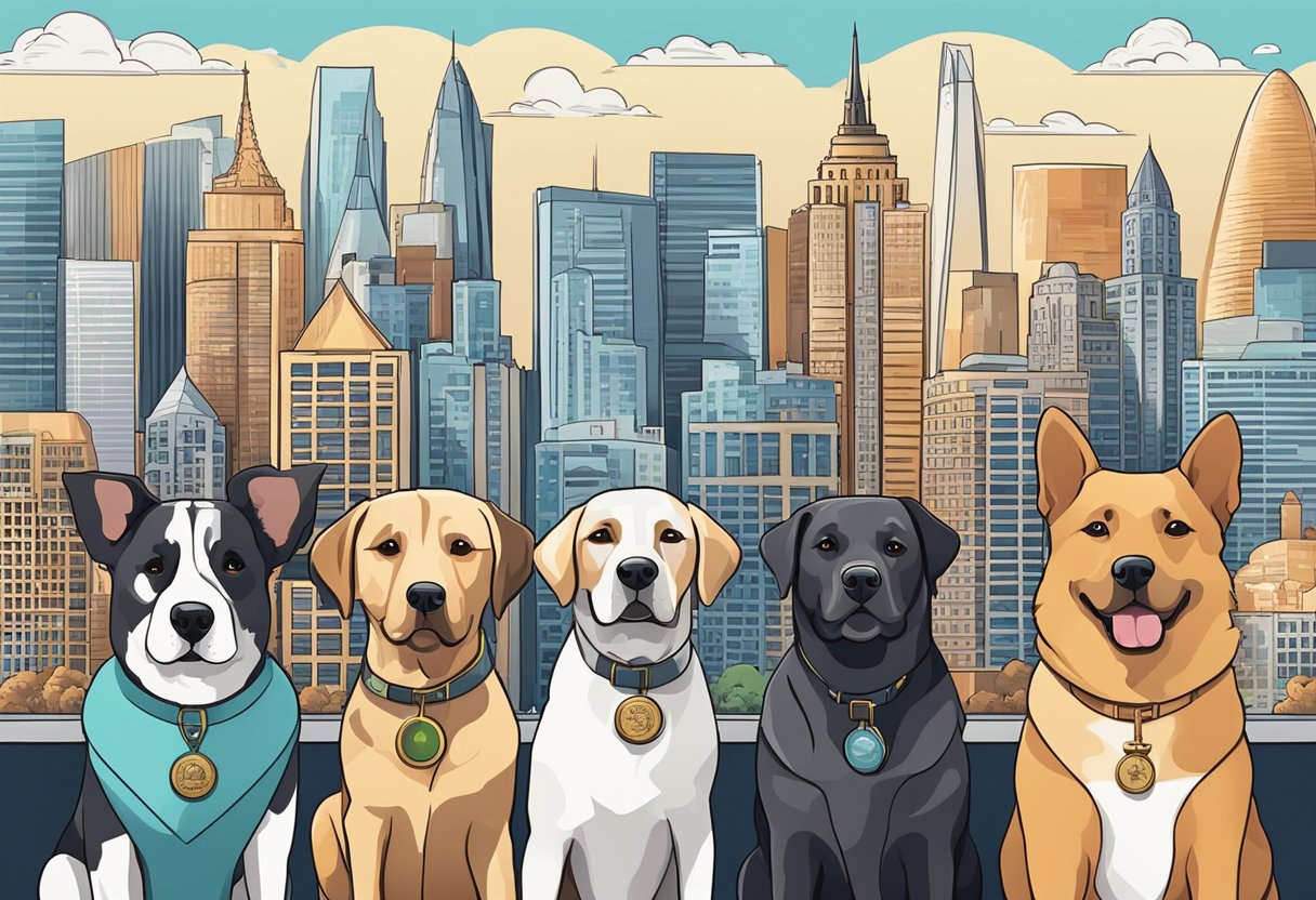 Dogs with city names sit in a row, surrounded by iconic city landmarks