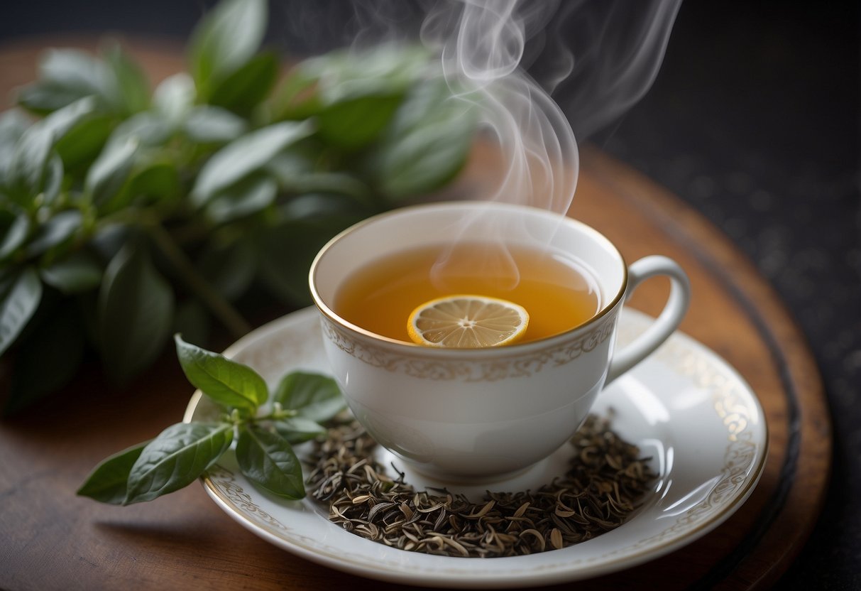 A steaming cup of Variations and Blends lady grey tea sits on a delicate saucer, surrounded by a scattering of loose tea leaves and a sprig of fresh bergamot