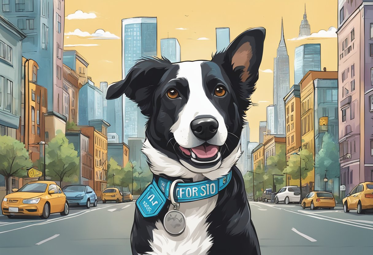 A playful dog with a city skyline as its collar tag, surrounded by street signs with creative city-inspired dog names