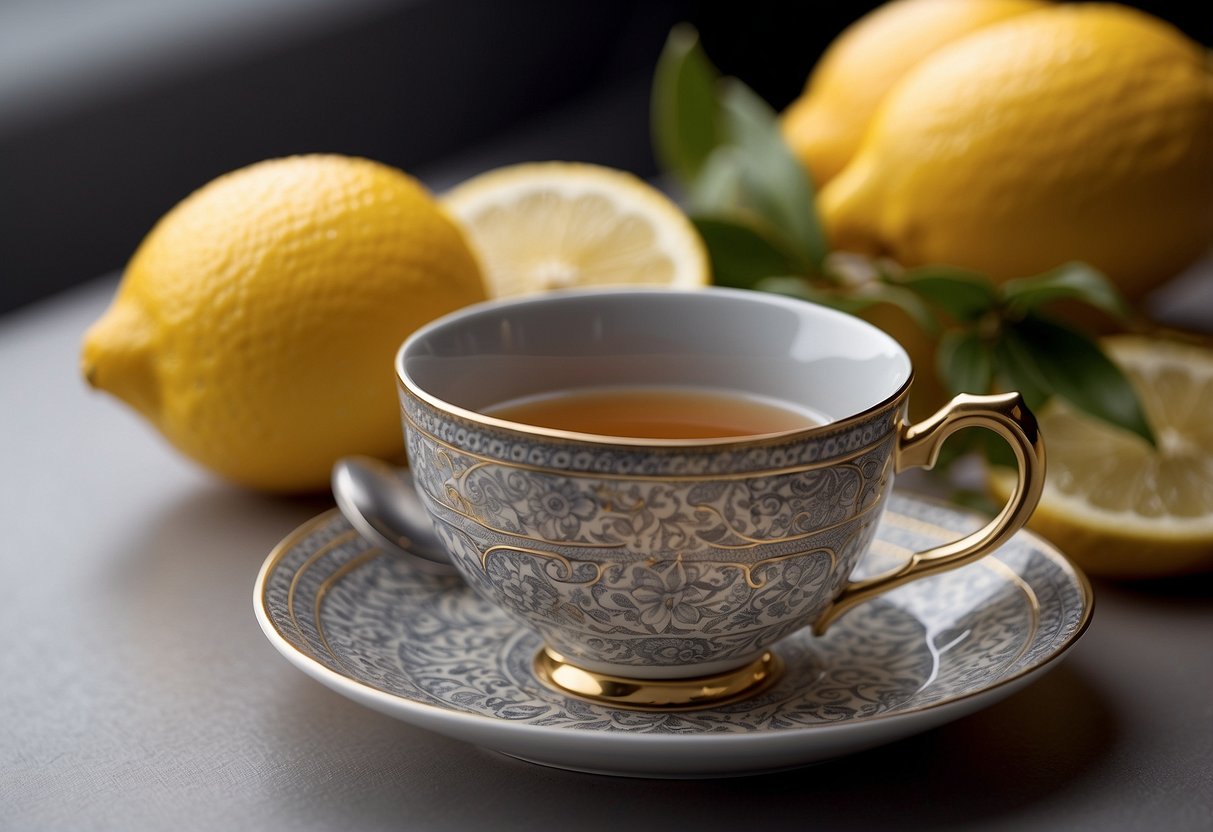 A steaming cup of Lady Grey tea sits on a saucer with a delicate pattern, accompanied by a small plate of lemon wedges and a dainty silver spoon