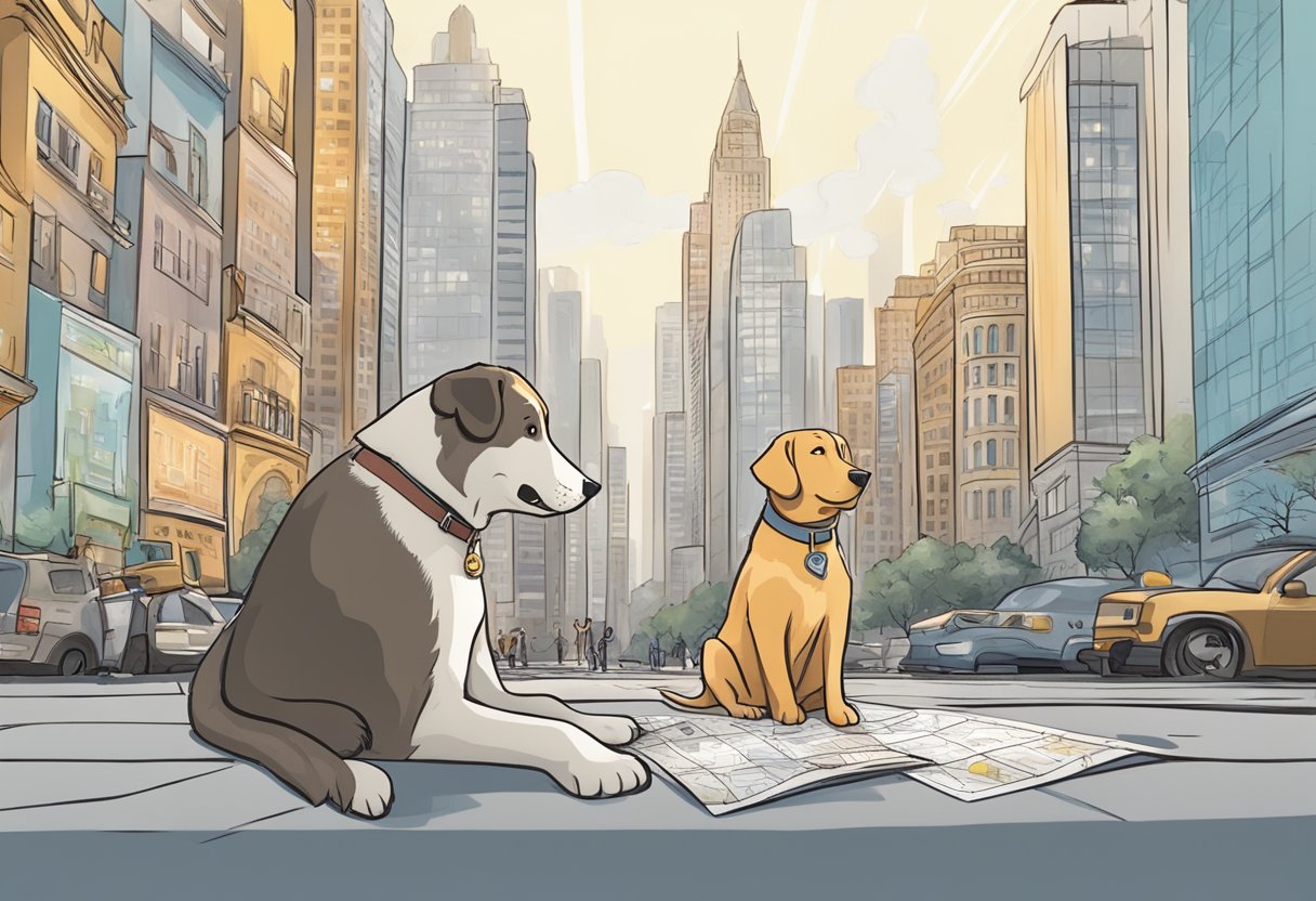A happy dog sits in a bustling city square, surrounded by skyscrapers and street signs. The dog's owner holds a map, pondering over city names for their furry friend