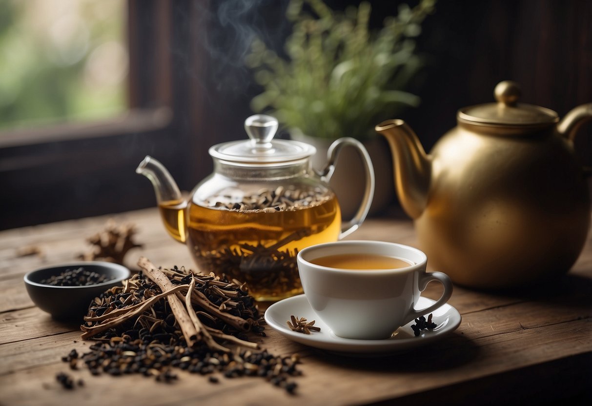 A steaming cup of licorice root tea sits on a wooden table, surrounded by dried licorice roots and herbs. A vintage teapot and delicate teacup complete the historical scene